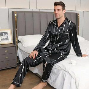 Men Satin Pajamas Set Black Sets Silky Nightwear Button-Down SIZE S-XXL
